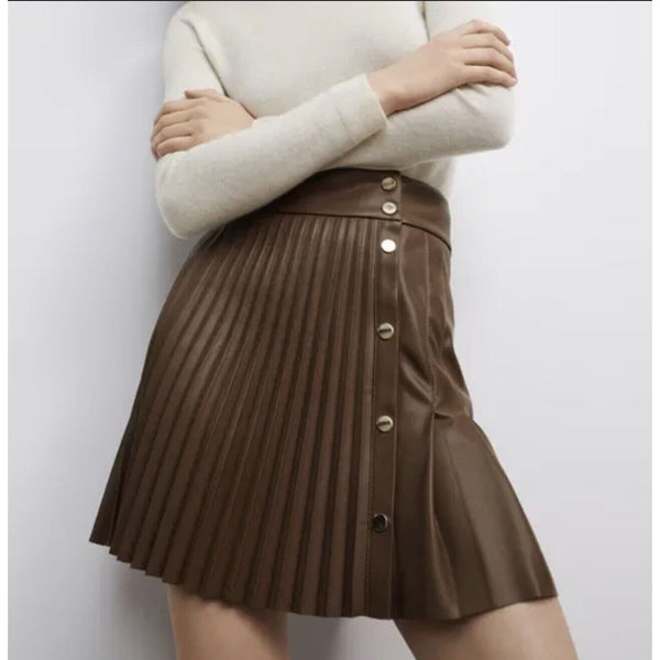 Zara Brown Pleated Mini Faux Leather Skirt Large