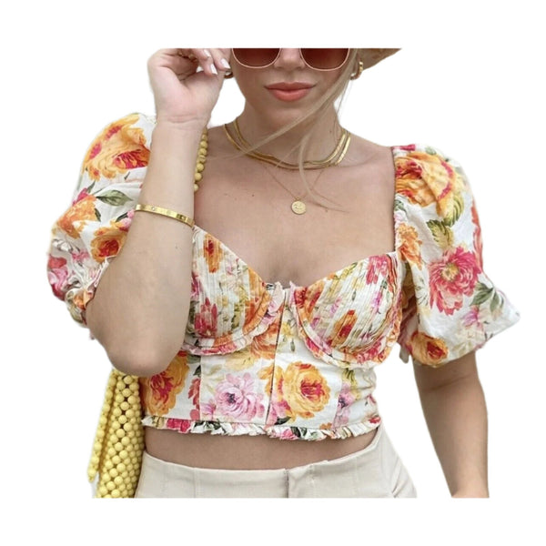 For Love & Lemons Peony Coral Cropped Blouse Bustier Top Floral Puff Sleeve M