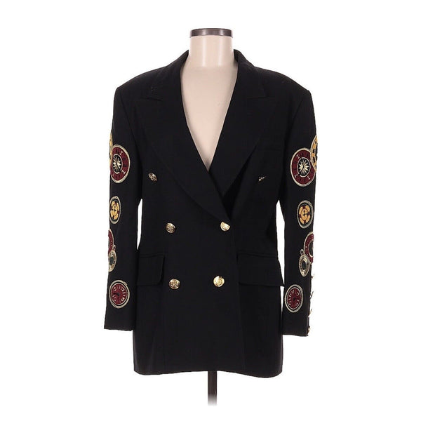 VTG 1992 Escada Women's Black Wool Blazer w/ Embroidered Clock Patch & Gold Buttons – Size 38 / US 6