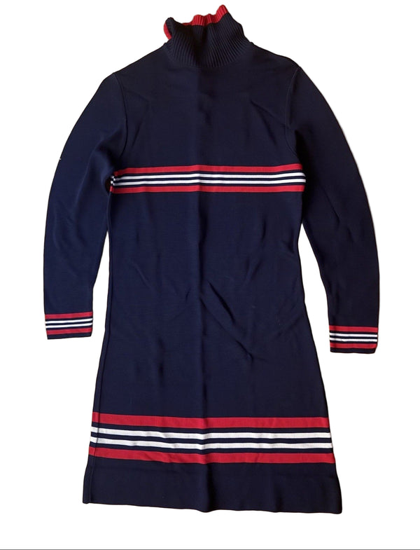 VTG Evan Wayne Women's Red White Blue Varsity Stripe Mockneck Long Sleeve Knit Dress – XS