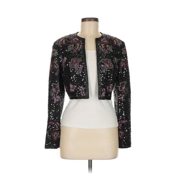 Vintage A.J. Bari Women's Jacket, Black Pink Floral Crop Silk Sequin Bead, Size 6