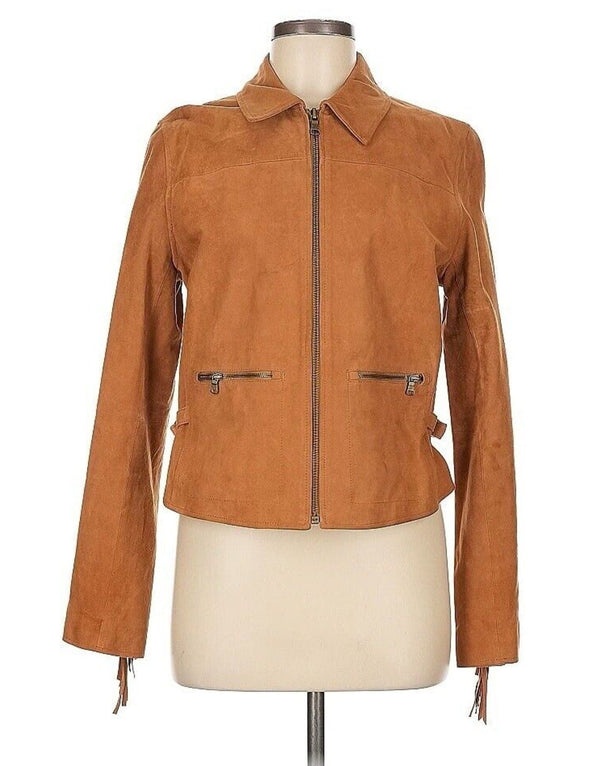 LRL Lauren Jeans Ralph Lauren Women's Suede Brown Tan Fringe Zipper Jacket, Size 12