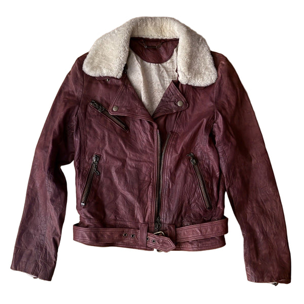 Milla Women’s Burgundy Red Leather Moto Jacket Shearling Removable Collar Aviator Size Medium