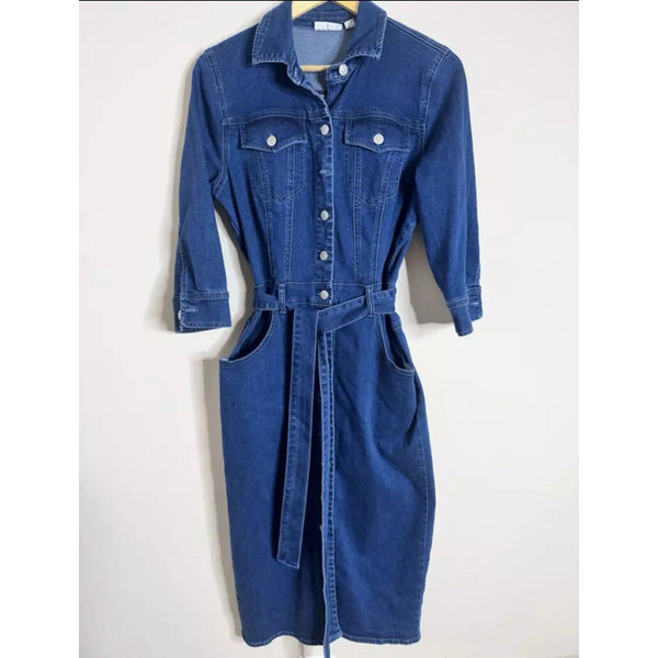 New York & company Collared Stretch dark denim Midi Shirt dress L