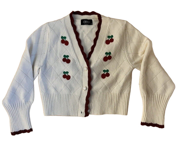 Cider Womens Button Front Argyle Knit Cherry Cardigan Sweater White Red Medium