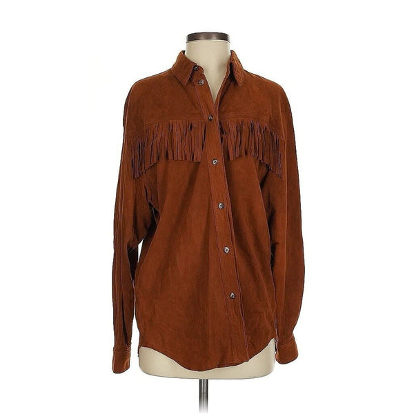 Liz Claiborne Women's Brown Fringe Suede Leather Western Shirt Jacket Small