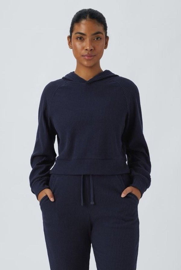 NWT Halara Women's Ribbed Knit Hooded Long Sleeve Split Casual Sweatshirt Navy XS