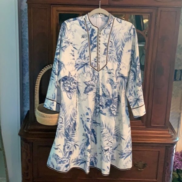 Tuckernuck Women's Safari Animal Toile Blue White Mini Dress Small