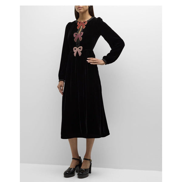 Saloni Black Velvet Midi Long Sleeve Camille Dress Pink Embellished Bows 2