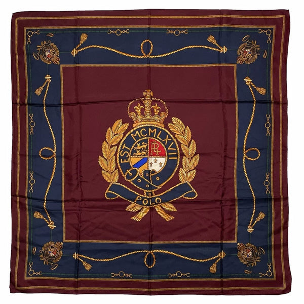 VTG Polo Ralph Lauren Crest Scarf Red Ribbons Gold Silk 34”