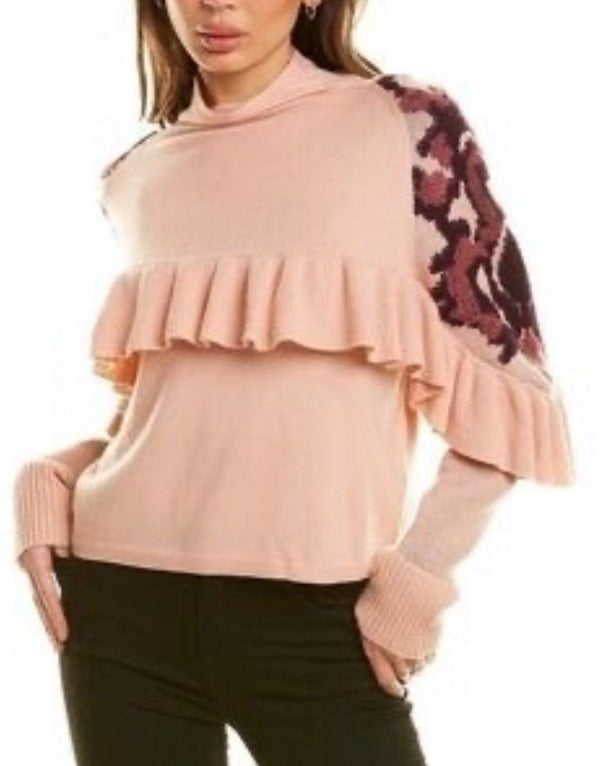 Naadam Women's Mockneck Ruffle Sweater – Pink Floral – Size Medium