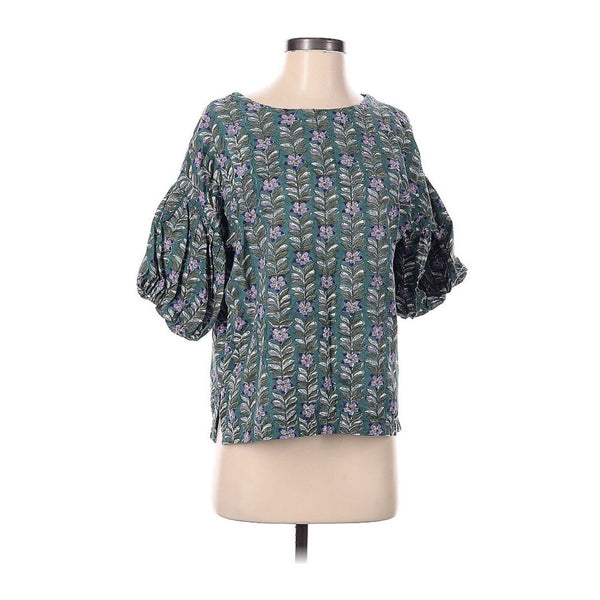 Fitzroy & Willa Women's Marybeth Puff Sleeve Blouse - Vines Print, Blue Green, Size XS