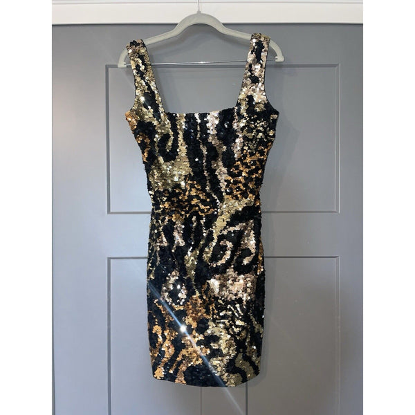 VTG Oleg Cassini Black Tie Gold Leopard Print Sequin Dress Bodycon Open Back