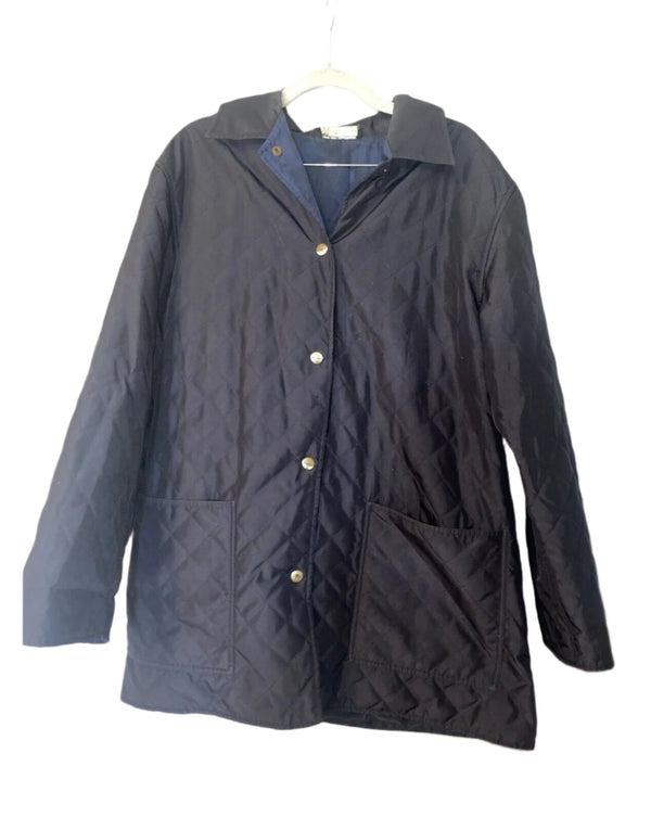 VTG Salvatore Ferragamo Women's Quilted Jacket Navy Blue Gold Button Lightweight - Size Large