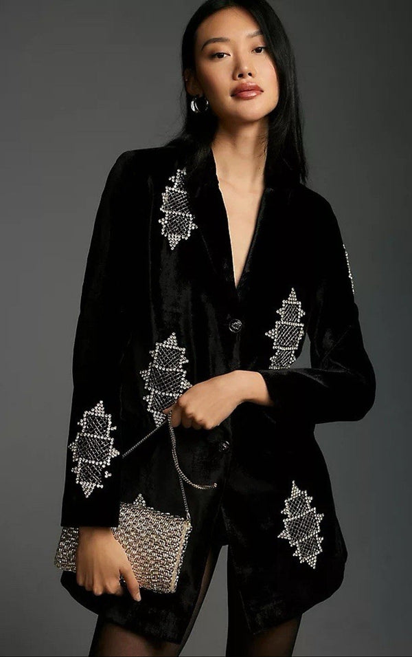 NWT Anthropologie Women's Pinnacle Longline Black Velvet Embellished Blazer – Large Petite