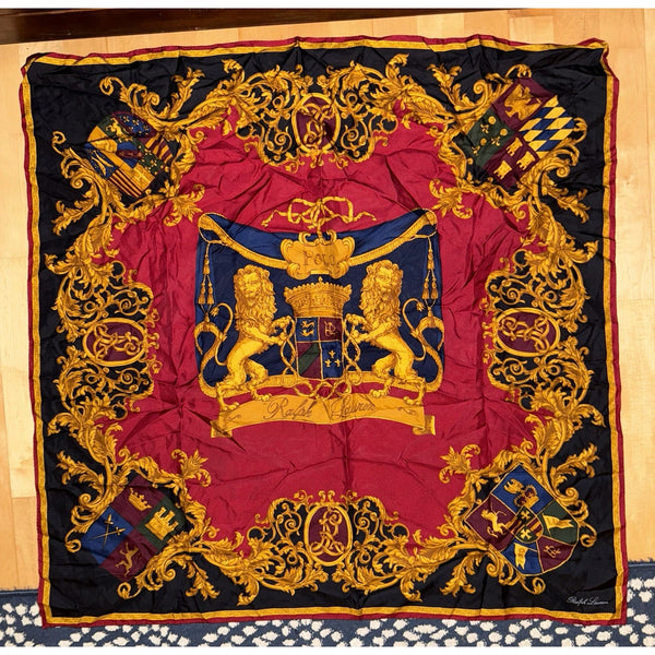 VTG Ralph Lauren Purple Label Silk Royal Lions Red Blue Gold Crest Scarf 34”