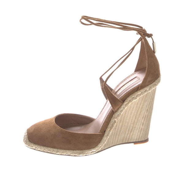 Aquazzura Brown Cognac Suede Espadrille Wedge Sandals 39