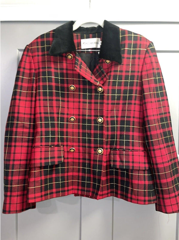 VTG JH Collectibles Women's Tartan Red Plaid Wool Blend Dress with Velvet Collar and Gold Buttons, Size 6