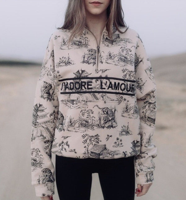 Ell and Emm Women’s J’ADORE L’AMOUR Half-Zip Oversized Pullover – Medium/Large