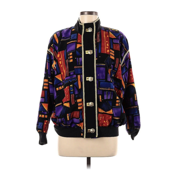 VTG Vital Elements Black Gold Button Abstract Bomber Jacket 90s Retro L