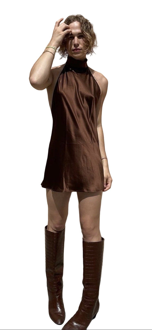 EDT Women’s Silk Brown Mock Neck Open Back Mini Dress Small