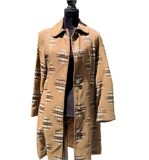 Painted Pony Women's Vintage Western Coat, Long Brown with Print Collar and Conchos, Size 8