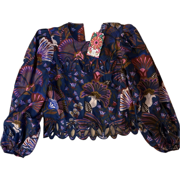 NWT Farm Rio Women’s Blue Tropical Print Cut-Out Scallop Blouse – Size Small