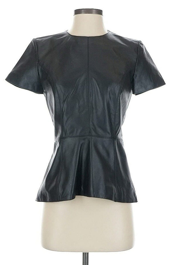 Neiman Marcus Women's Leather Peplum Top Shirt Black Crew Neck Rear Zipper Small