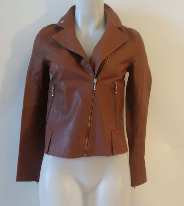 Won Hundred Women's Brown Tan Cognac Lamb Leather Zip Jacket, Size 32 US Extra Small