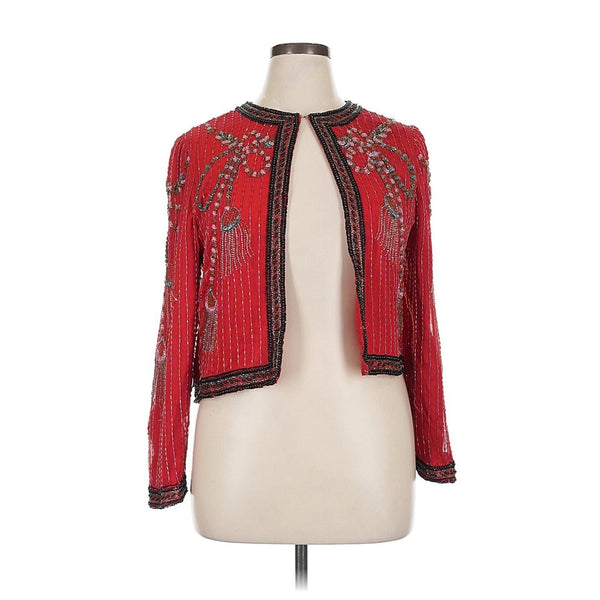 VTG Laurence Kazar Women's Red Silk Beaded Evening Trophy Jacket – Tassel Detail – Size XL