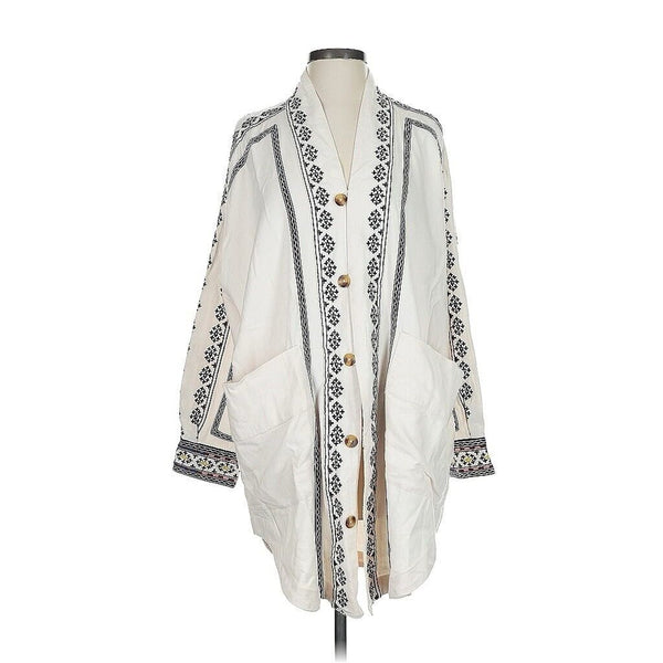 NWT Anthropologie Women's Cream White Black Embroidered Long Kimono V Neck Tunic Size Small