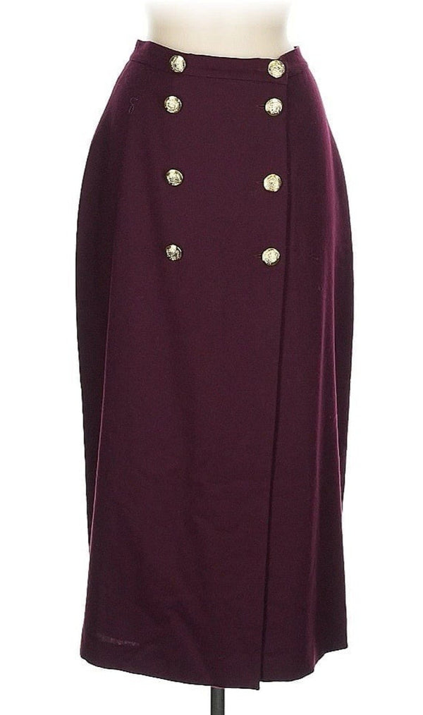 VTG Accento Women’s Wool Pencil Skirt – Burgundy w/ Gold Buttons, Made in Italy, Size 8