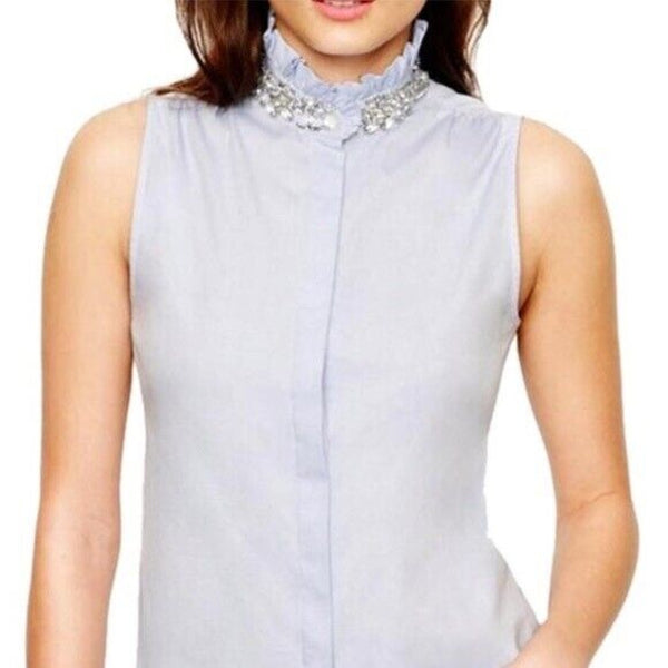 J Crew Women's Embellished Rhinestone Ruffle Blue Button-Down Sleeveless Blouse - Size 4