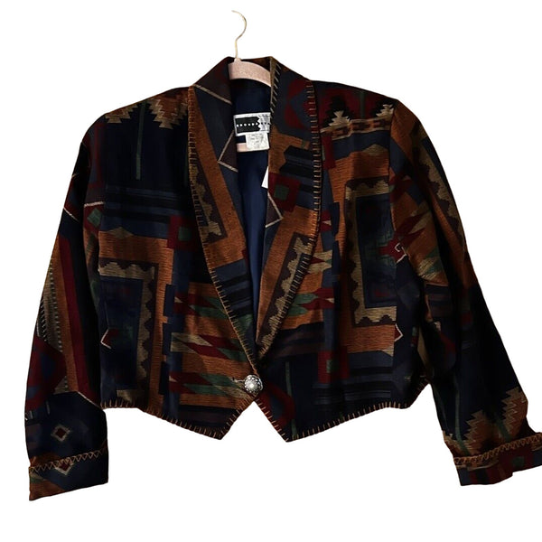 VTG Rhonda Stark Women's Cropped Jacket Blazer in Aztec Southwestern Print with Concho, Cotton, Size Large