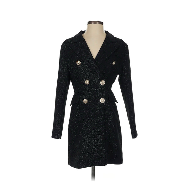 Beulah Women's Glittery Black Tuxedo Dress – Gold Button Double-Breasted Elegance Small