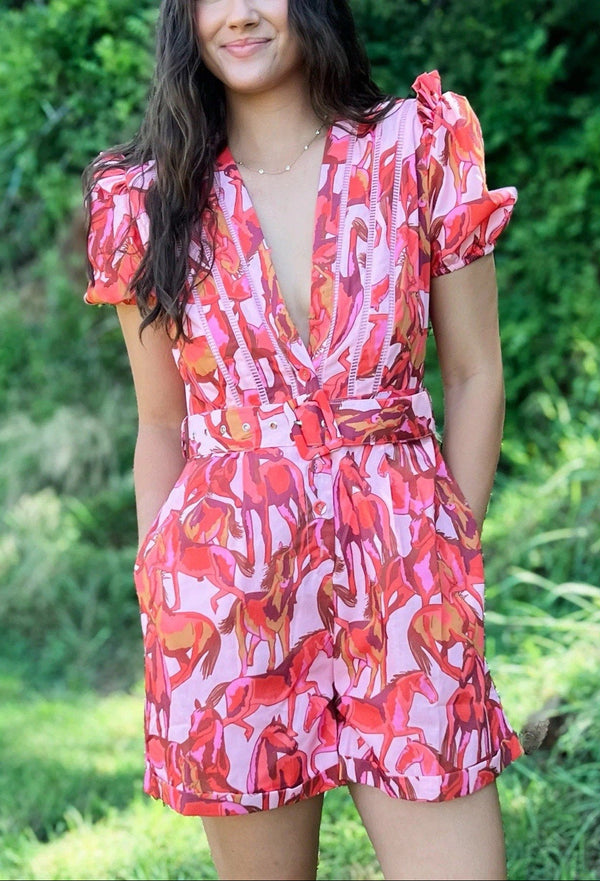 NWT Beulah Women's Palomino Pink Horse Print Western Romper Jumpsuit V Neck Large