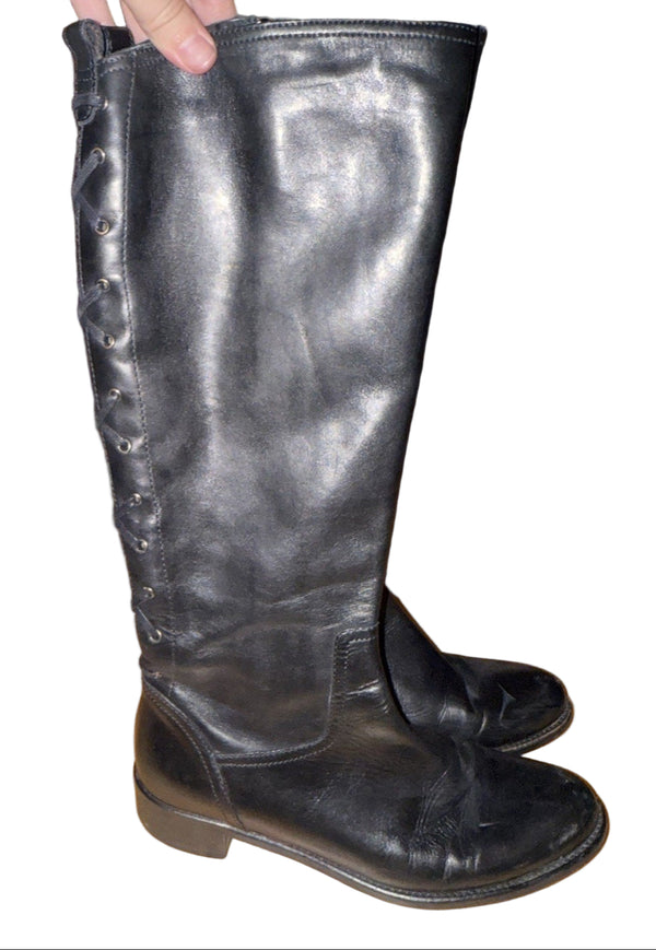 Sesto Meucci Black Knee-High Lace-Up Moto Boots – Size 8.5