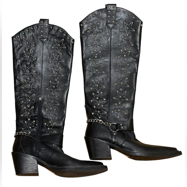 Nasty Gal Black Studded Genuine Leather Western Knee High Boots