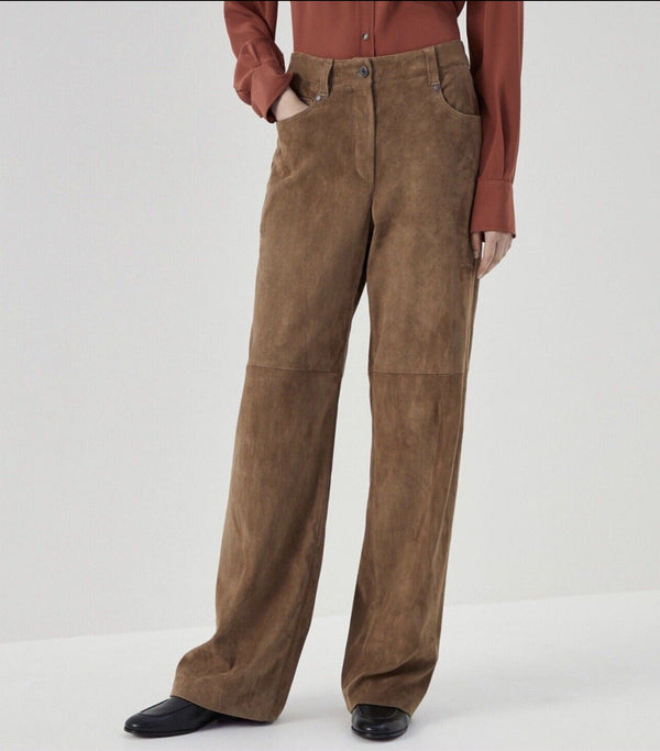 VTG Ralph Lauren Collection Women's Suede Leather High Waist Straight Leg Pants - Tan, Size 8