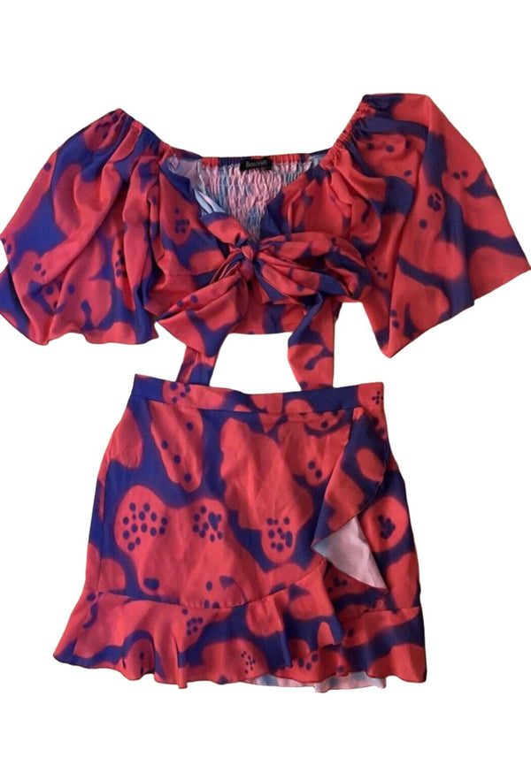 Benissimo Red Blue Floral Crop Top Skirt Set Made In Greece M