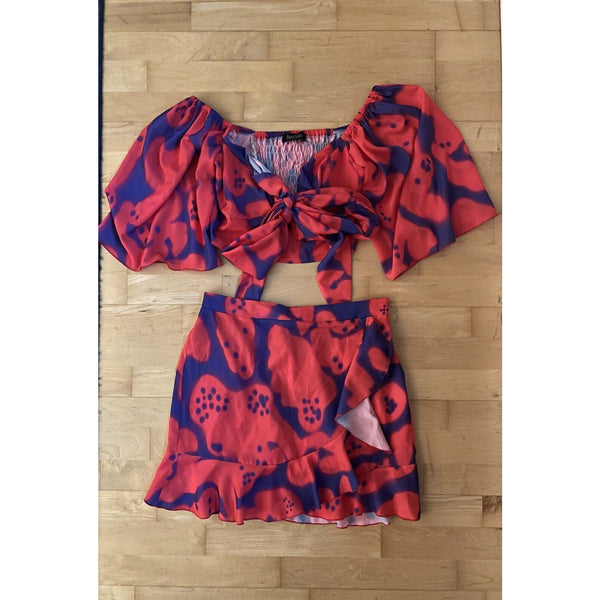 Benissimo Red Blue Floral Crop Top Skirt Set Made In Greece M