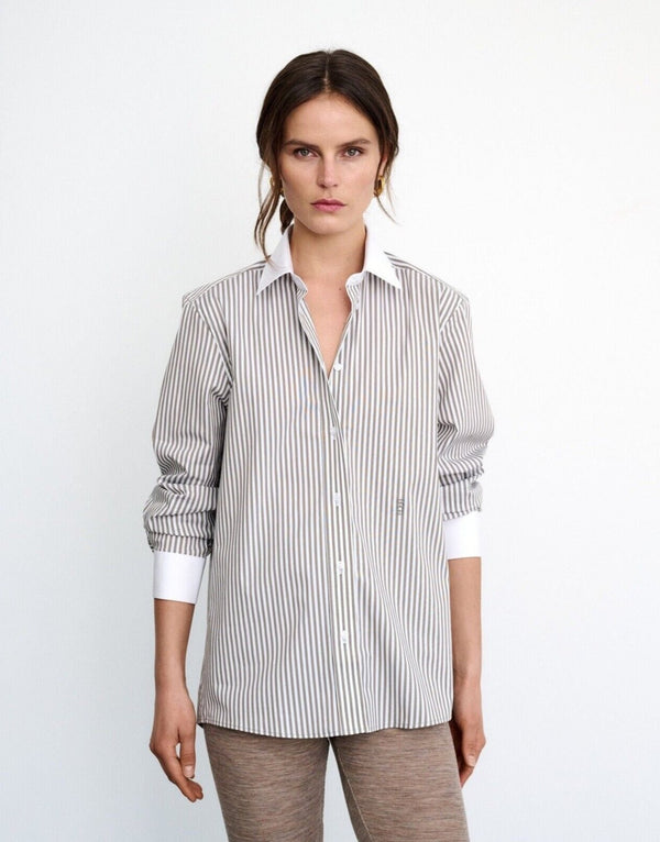 NWOT Sessei Women's Beige Monica Striped Cotton-Poplin Shirt with White Cuffs and Collar, Size 34 (US 2)