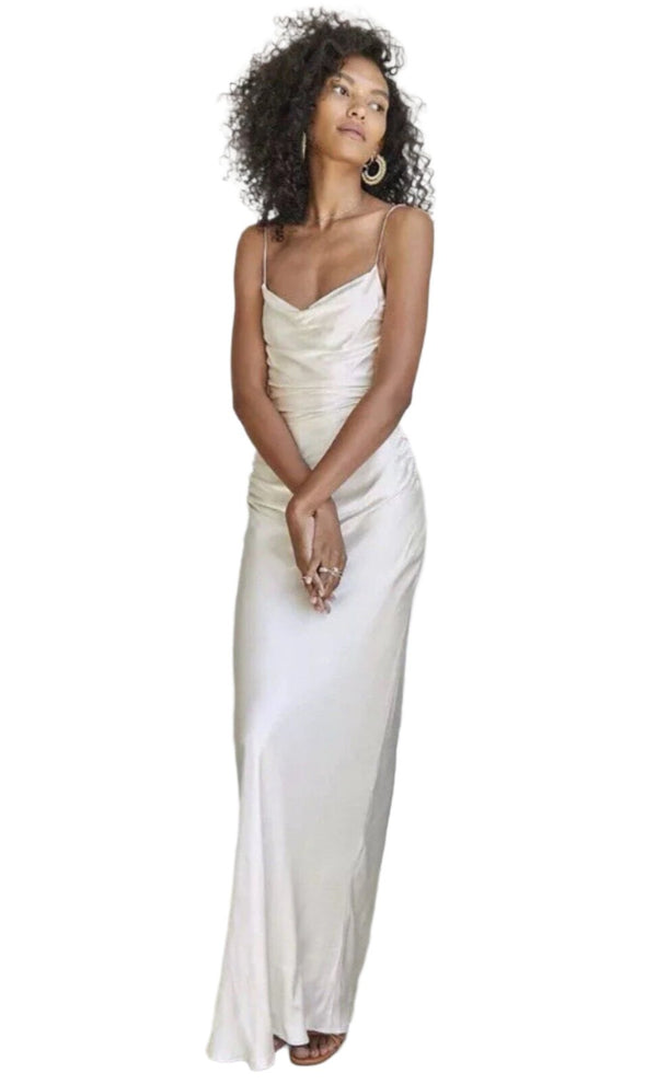 ✨NWT Shona Joy La Lune Laced Back Ruched Backless Slip Maxi Dress White Ivory 6