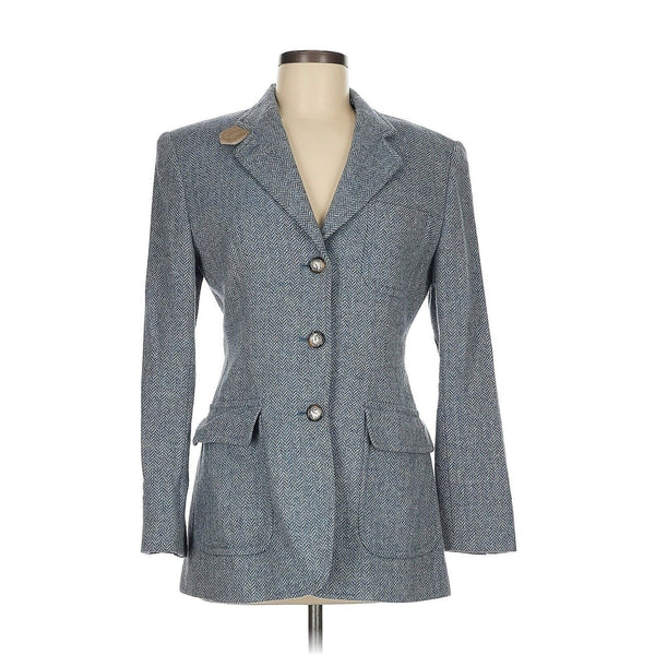 VTG Ralph Lauren Women's Blue Grey Herringbone Blazer with Suede Elbow Pads and Horse Buttons, Size 6