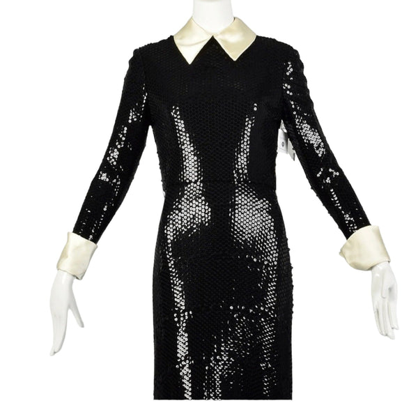 Chetta B Women's Evening Sequin Dress - Silk, 3/4 Sleeve Shirt,  Black White, Size 6