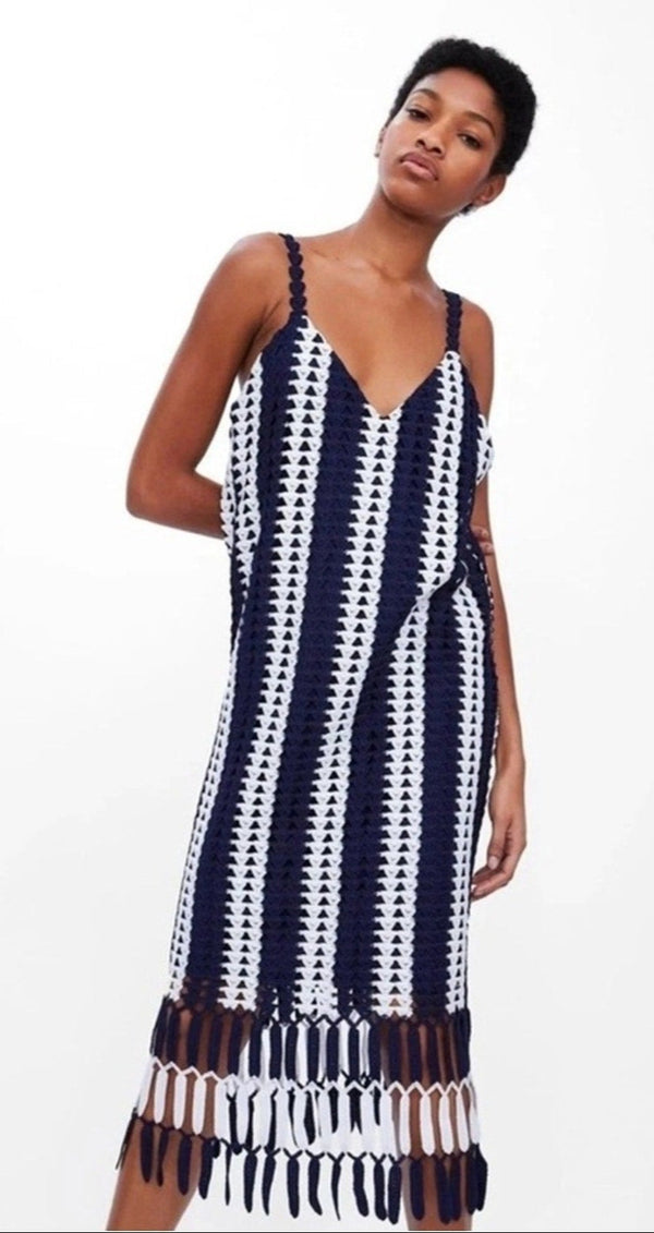 Zara Women’s Navy & White Crochet Striped Midi Dress – Size [Insert Size]