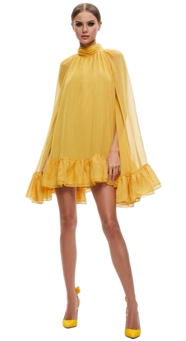 Alice + Olivia Women’s Erna Flowy Cape Mini Dress – Yellow | Size Medium