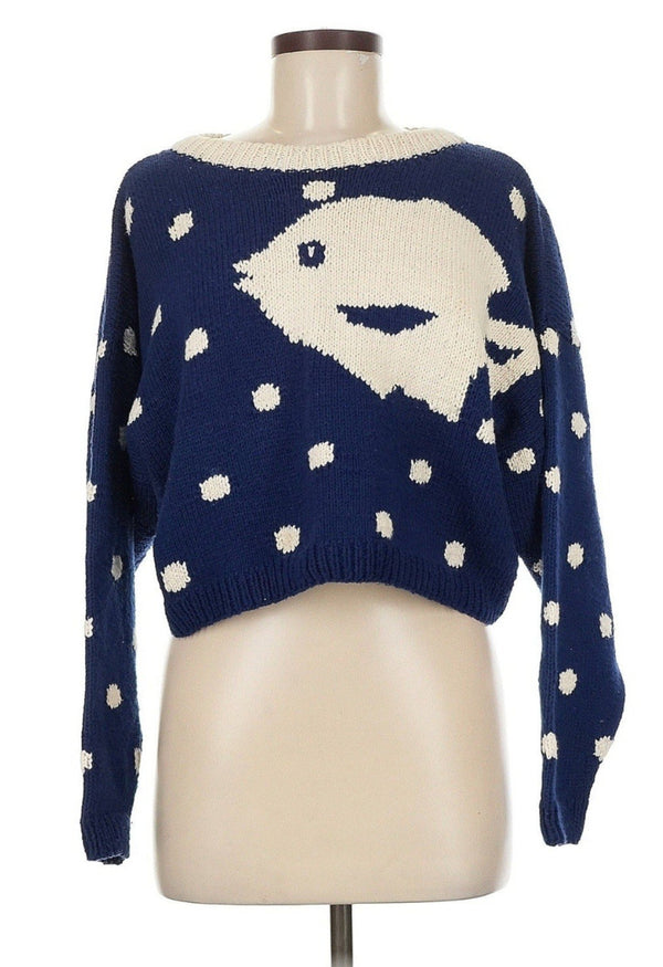VTG RARE Saks Women’s Hand-Knit Fish Sweater Navy Blue Cotton Cropped Medium
