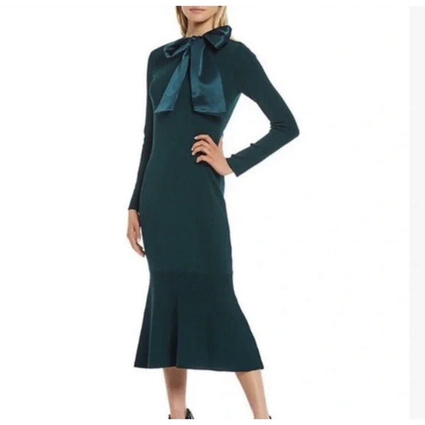 Antonio Melani Green Knit Long Sleeve Midi Tie Neck Dress XS