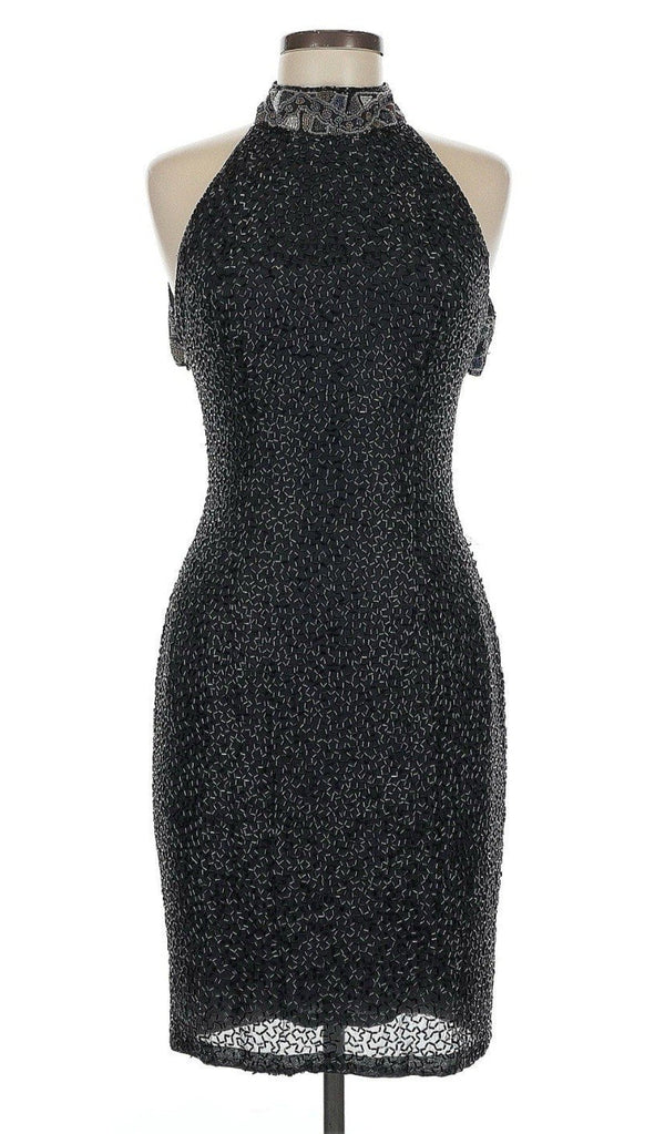Vintage Oleg Cassin Women's i Black Sequin Silk Halter Beaded Mini Dress, Size 6